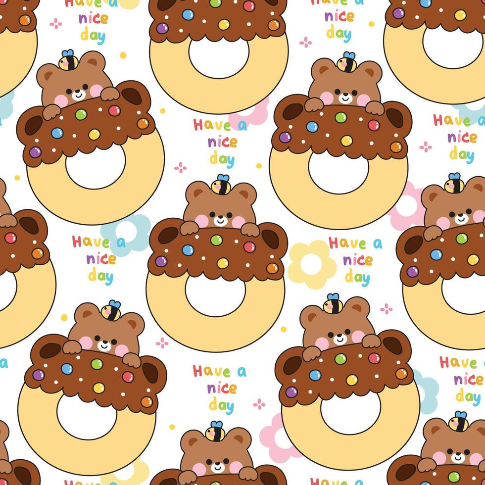 Seamless pattern of cute teddy bear with bee stay on candy chocolate flavor donut background.Sweet and dessert.Bakery.Have a nice day.flower.Wild animal character cartoon design.Kawaii. vector