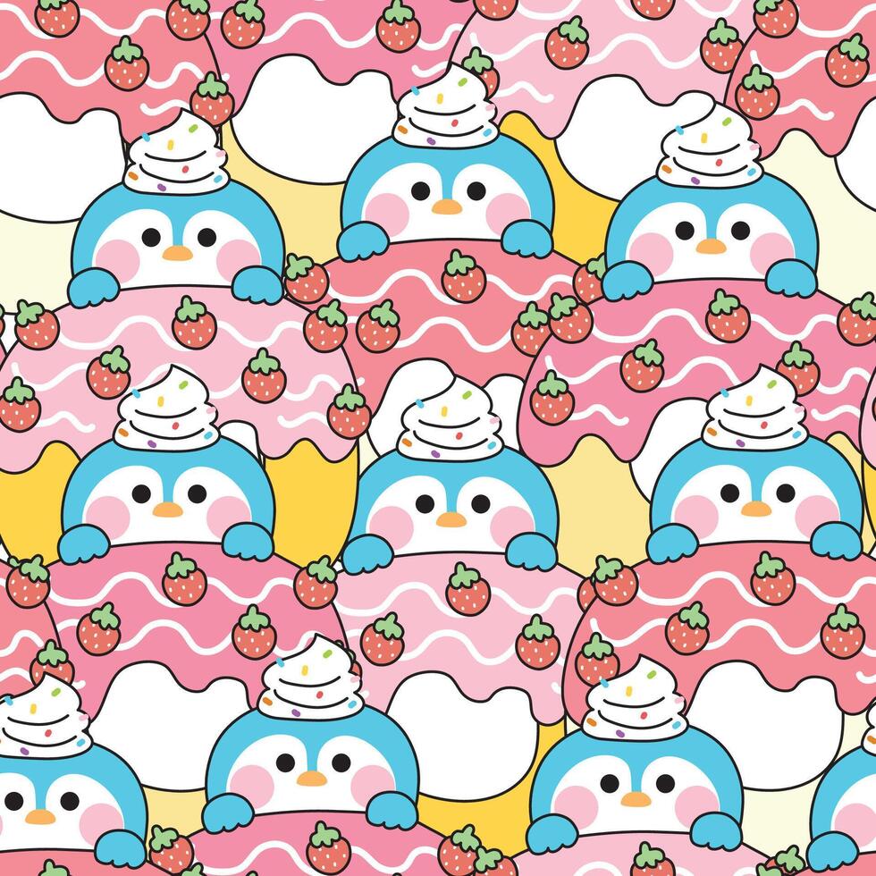 Repeat.Seamless pattern of cute penguin have whipping cream strawberry flavor donut background.Sweet and dessert.Bakery.Polar bird animal character cartoon design.Kawaii.Illustration. vector