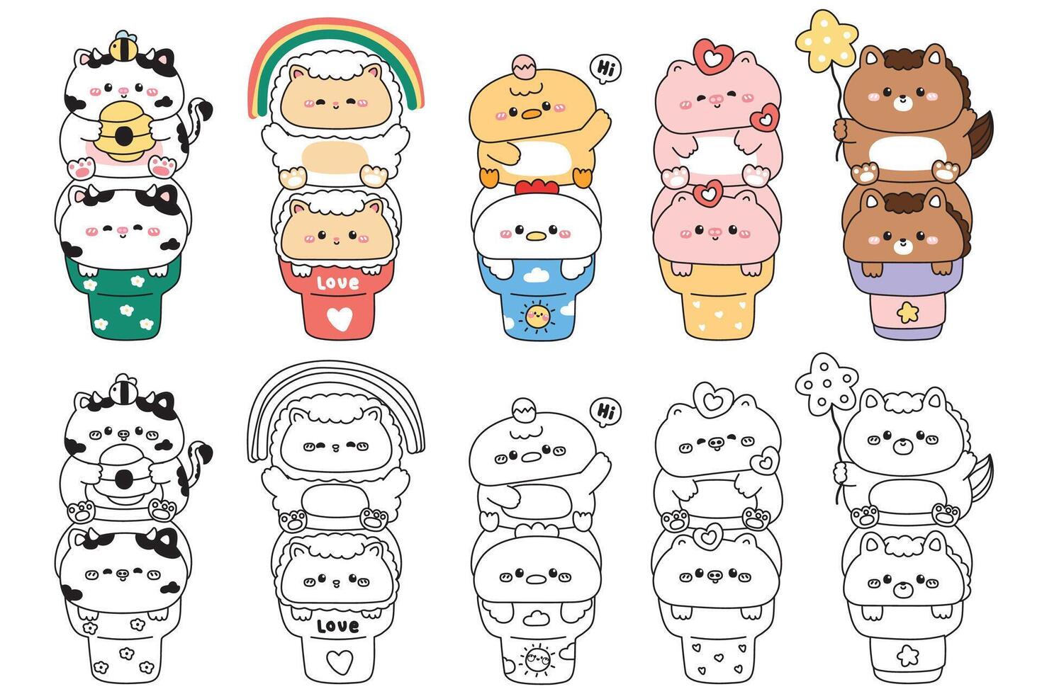 Coloring pages.Set of cute animals on ice cream cone.Cow.Sheep.Chicken and hen.Pig.Horse.Sweet and dessert.Honeycomb,rainbow,egg,heart,star.Animal character cartoon design.Painting book. vector