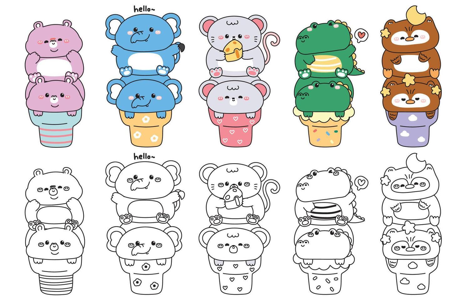 Coloring pages.Set of cute animals on ice cream cone.Hippopotamus.Elephant.Rat mouse.Crocodile.Owl.Sweet and dessert.Cheese,heart,moon,star.Animal cartoon.Kawaii vector