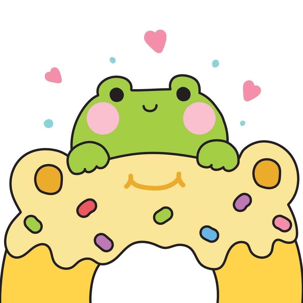 Cute frog stay on candy vanilla flavor donut.Sweet and dessert.Bakery.Heart.Reptile animal character cartoon design.Kawaii.Illustration. vector
