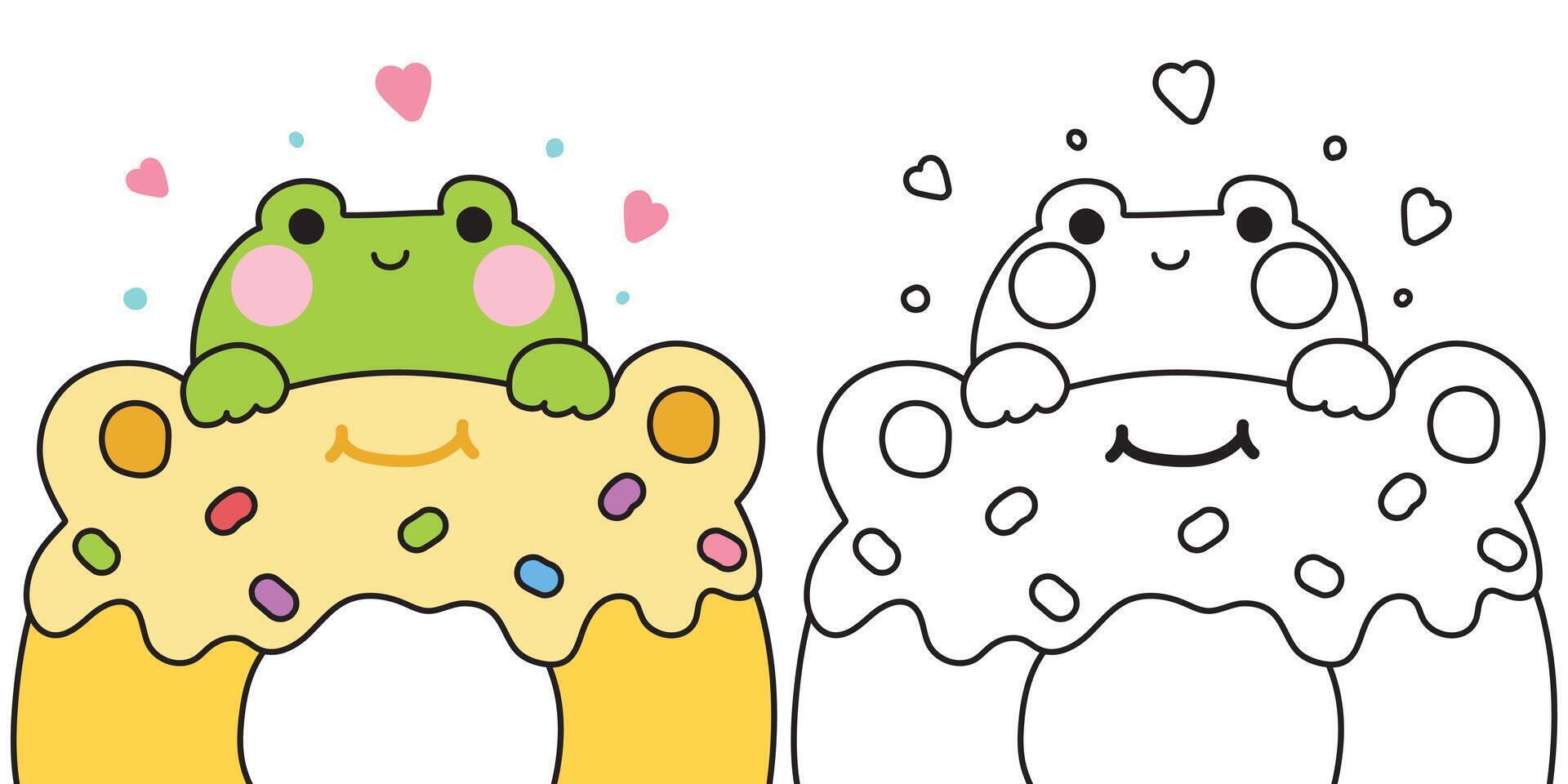 Coloring pages.Cute frog stay on candy vanilla flavor donut.Sweet and dessert.Bakery.Heart.Reptile animal character cartoon design.Painting book.Kawaii.Illustration. vector