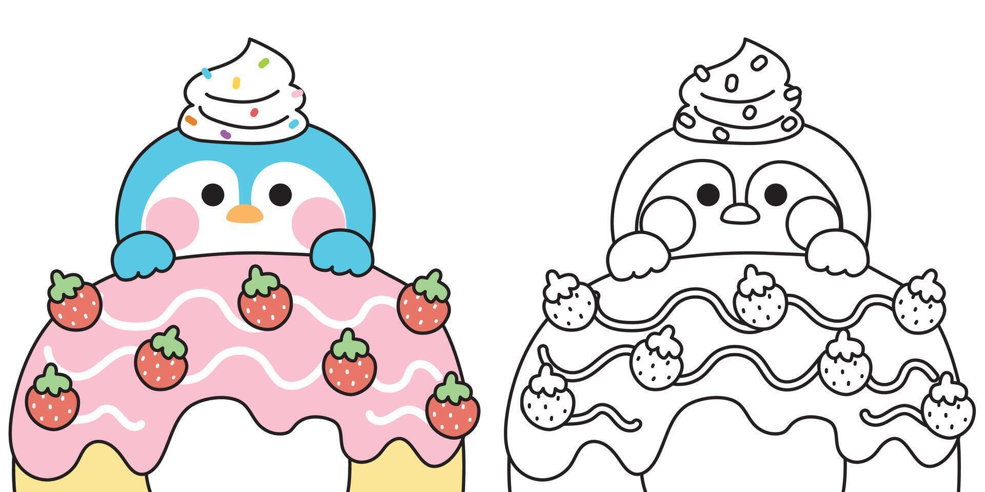 Coloring pages.Cute penguin have whipping cream strawberry flavor donut.Sweet and dessert.Bakery.Polar bird animal character cartoon design.Painting book.Kawaii.Illustration. vector