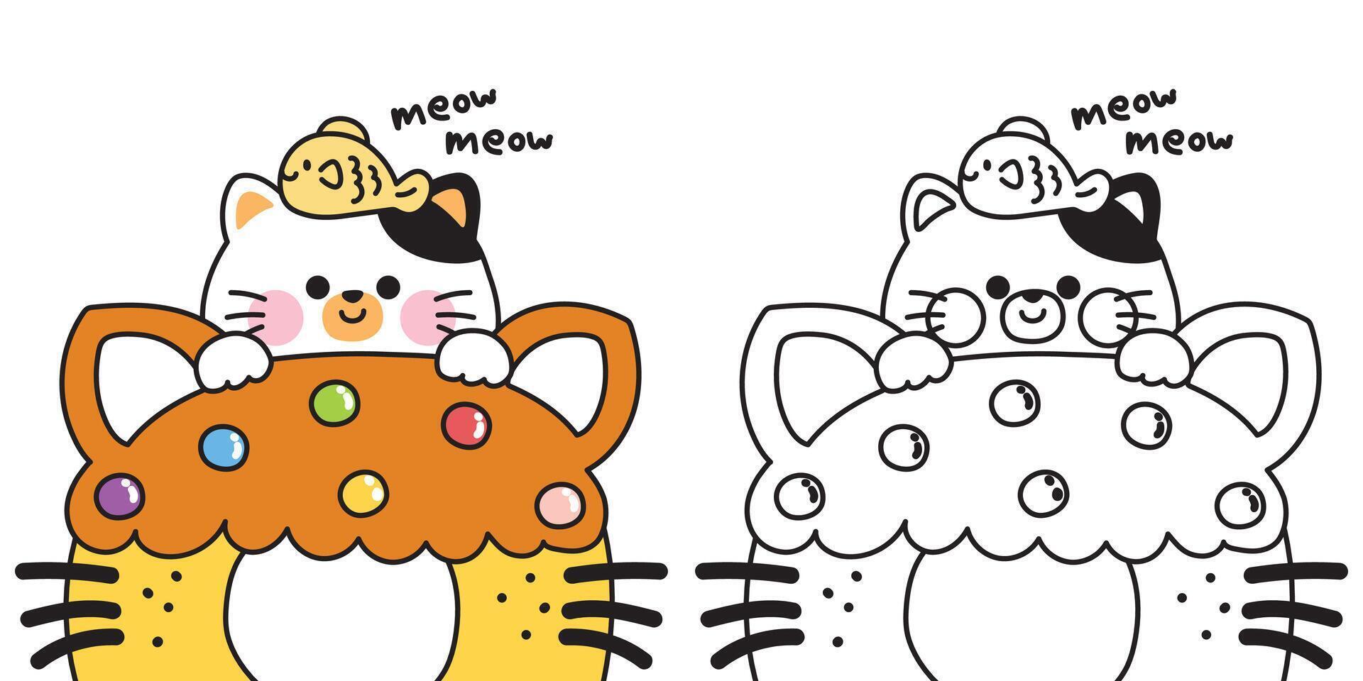 Coloring pages.Cute cat have fish on head stay on candy cat shape donut.Meow.Sweet and dessert.Bakery.Pet animal character cartoon design.Painting book.Kawaii.Illustration. vector