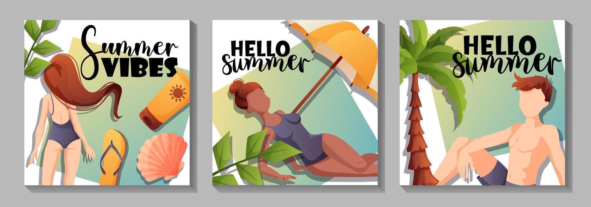 Summer beach illustrations with vibrant colors vector