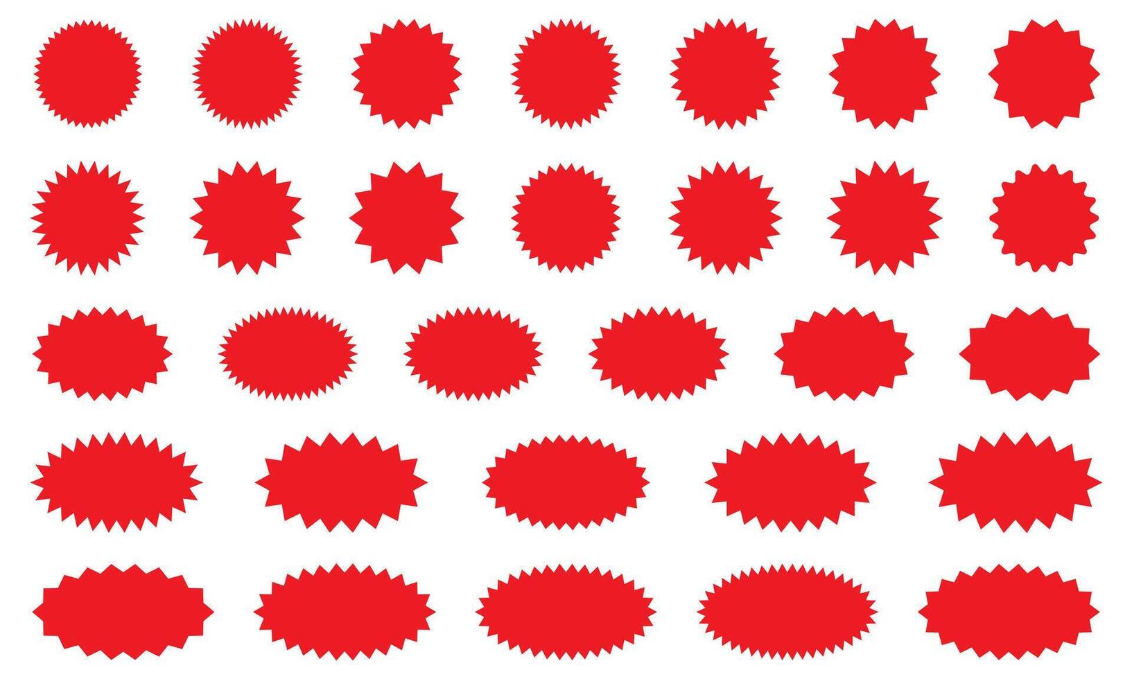 Starburst red sticker set - collection of special offer sale round and oval sunburst labels. Stickers and badges with star edges for promo advertising. vector