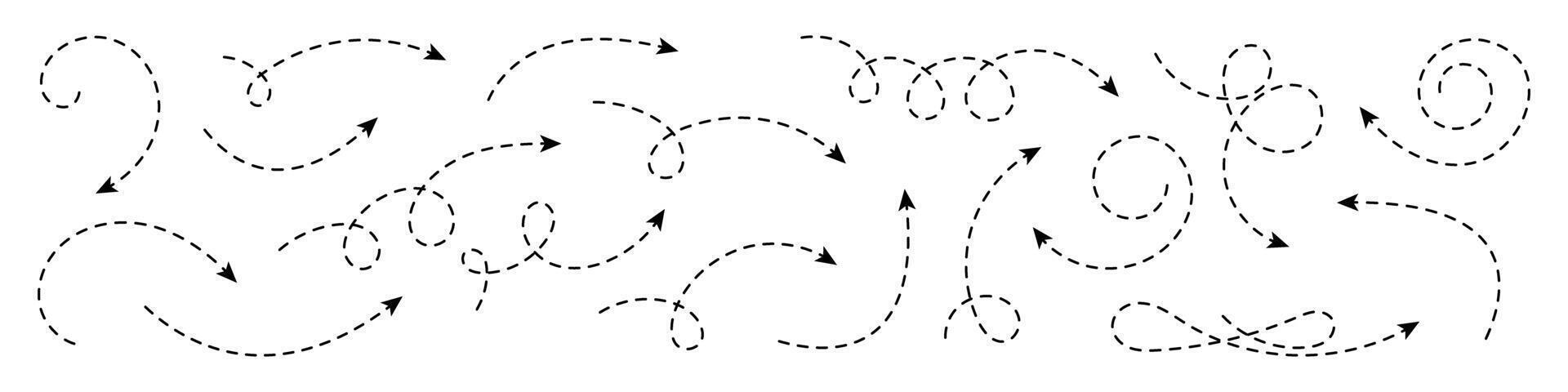 Collection of curved arrows with dashed lines. vector