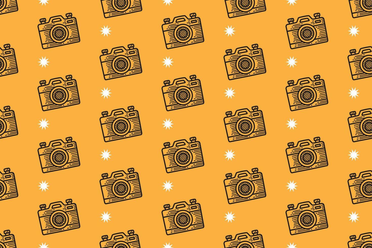 vintage camera with star doodle seamless pattern on yellow background for packaging and merchandise. retro photography engraving pattern background. analog camera hand drawn illustration motif design vector