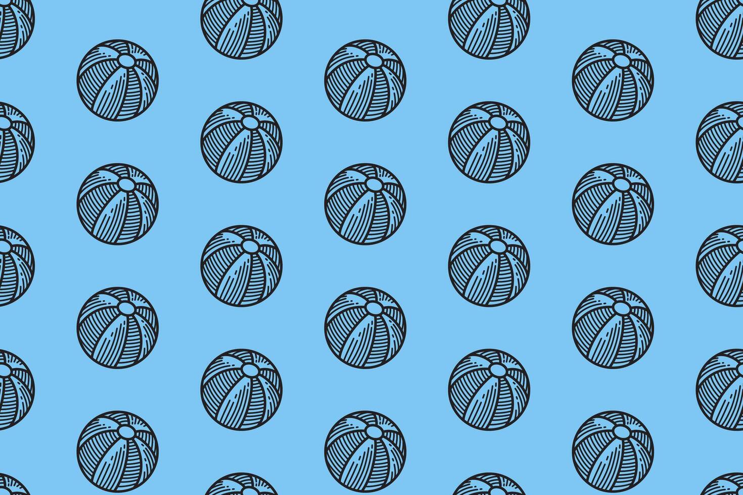 beach ball doodle seamless pattern on blue background. summer ball engraving repeat motif wallpaper. playful ball holiday line art pattern design for kids product, packaging and merchandise vector