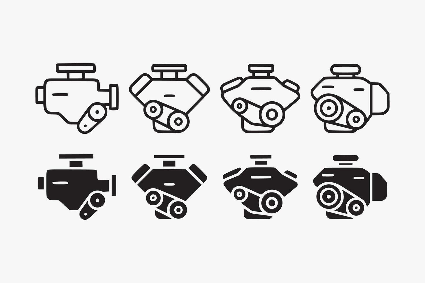automotive engine icon set in outline and filled style for garage, workshop and repair. car engine parts silhouette collection. car motor element designs with inline, v, boxer, rotary type vector