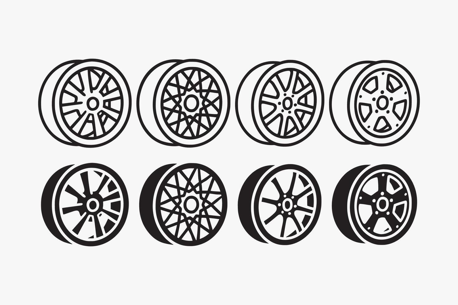 car wheel rim icons set in outline and filled style for garage, workshop and repair. allow rim racing illustrations. automotive spoke spare parts element designs with multi, mesh, split, modular vector