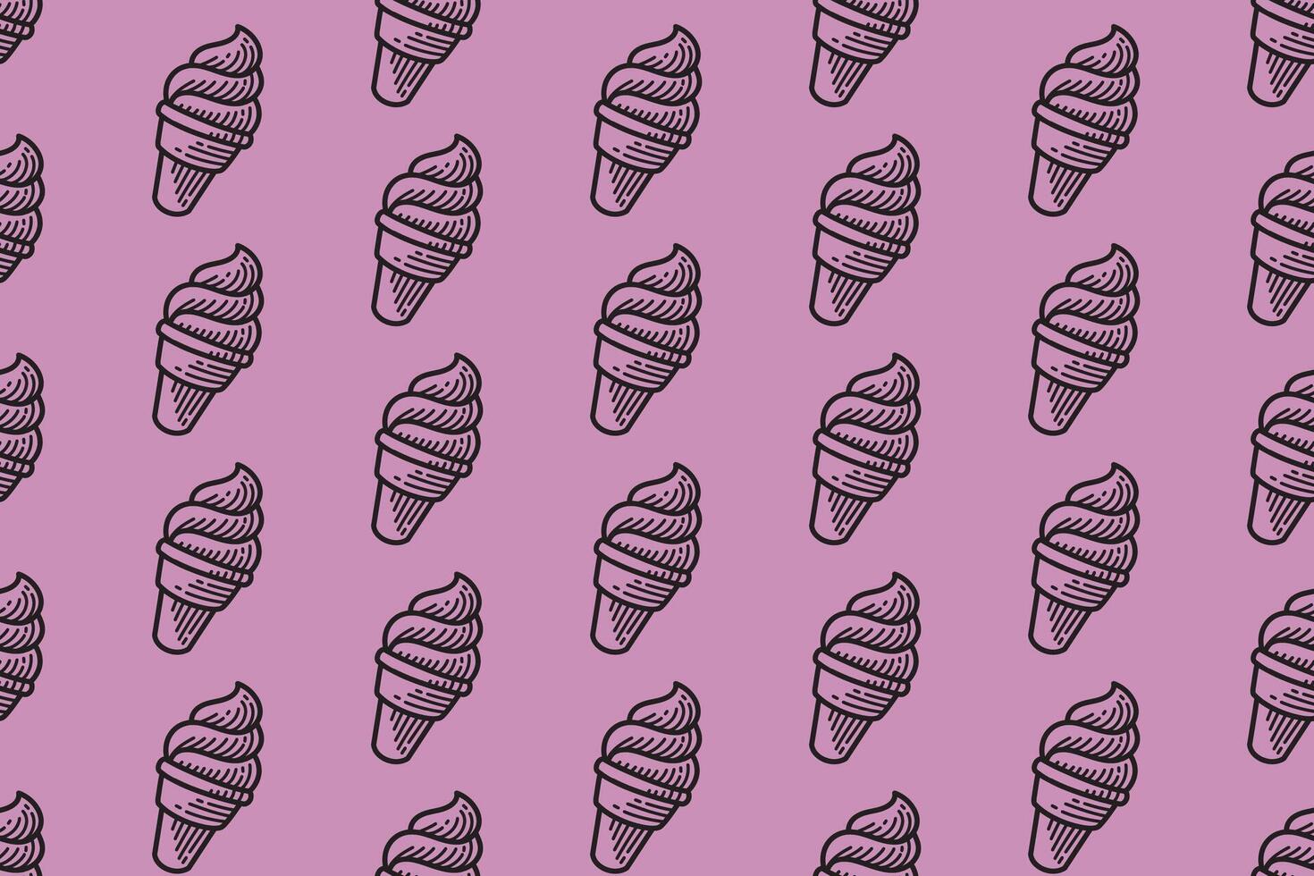 soft serve ice cream line art pattern on purple background. summer dessert seamless pattern background. swirl ice cream cone doodle motif wallpaper design for kids product and merchandise vector