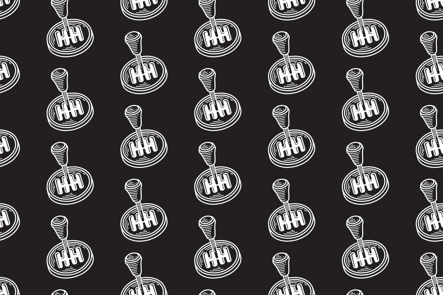 manual gearshift handle engraving seamless pattern on black background. manual gear knob line art pattern background. car transmission doodle motif wallpaper design for automotive, garage, workshop vector