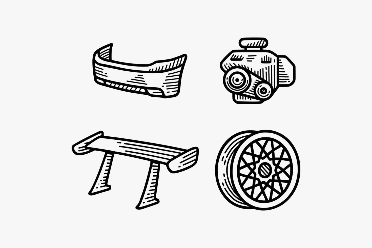 rear bumper, rotary engine, high spoiler racing, mesh spoke, car wheel rim engraving doodle illustration design set for automotive, racing, garage, workshop, vehicle, custom service, repair vector
