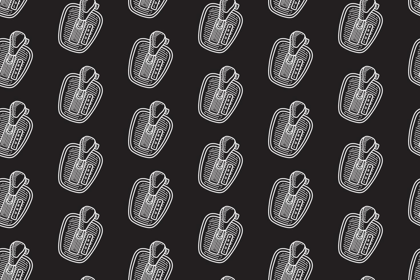 gearshift handle engraving seamless pattern on black background. automotive gearshift line art pattern background. car transmission doodle motif wallpaper design for automotive, garage, workshop vector