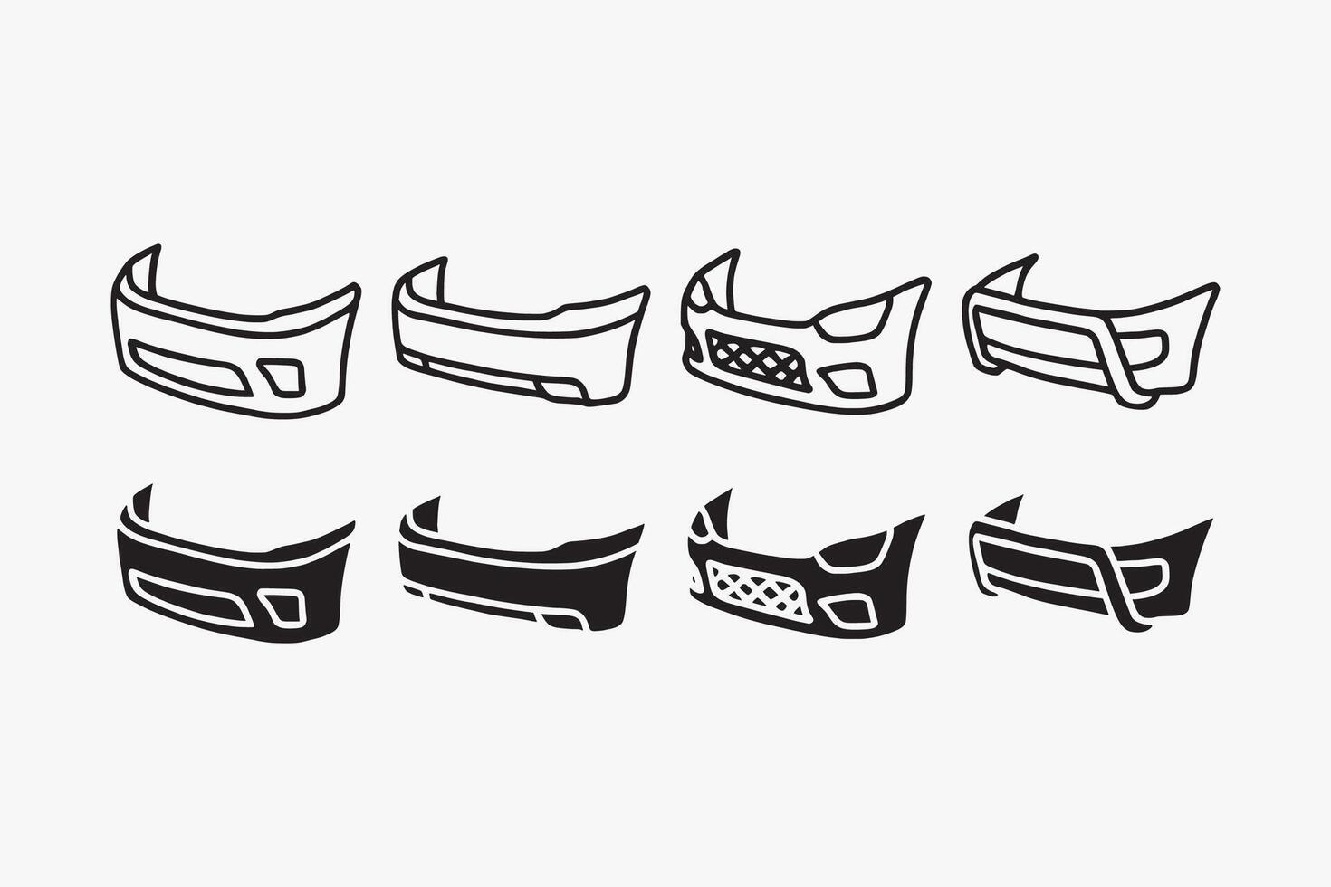 car bumper icon set in outline and filled style for garage, workshop and repair. automotive bumper parts silhouette collection. auto bumper element designs with front, rear, sport and tubular type vector