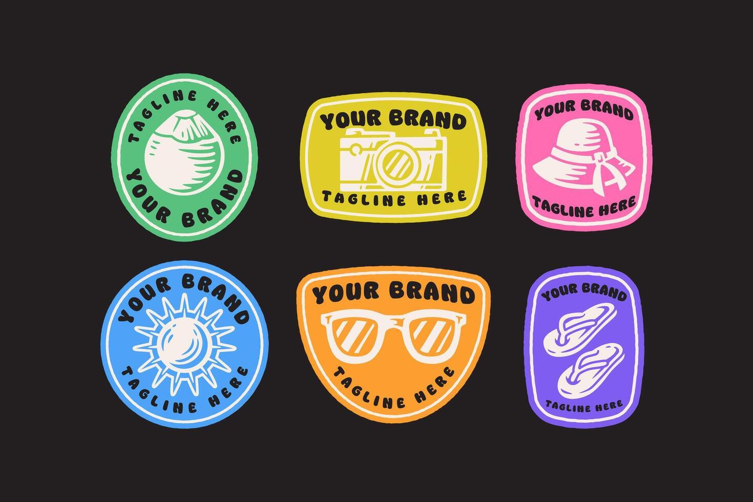 beach items retro badge logo set with coconut, camera, sunhat, sun, glasses, slipper. summer holiday vintage label patch sticker collection including beach items, drinks, treats vector