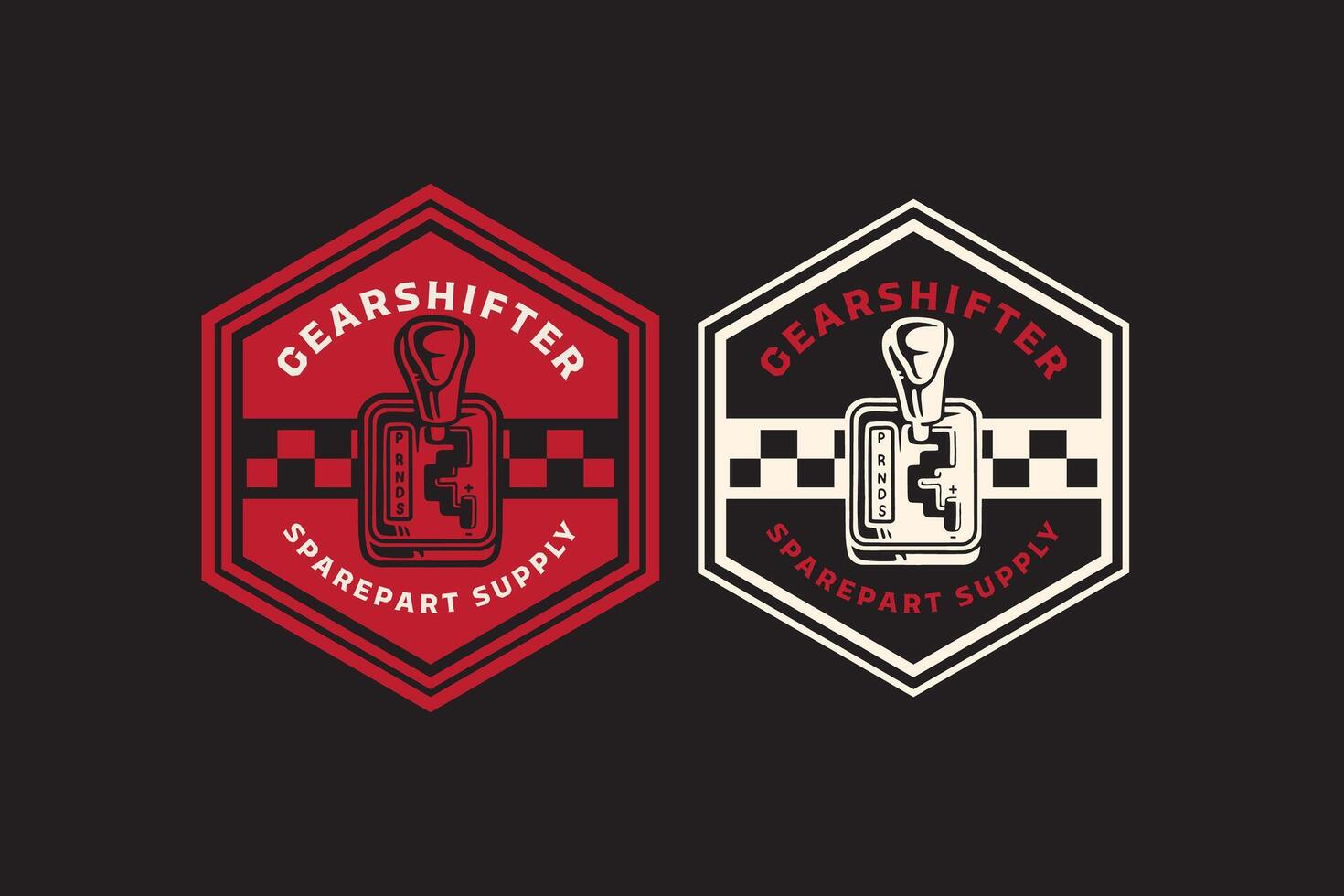 car gearshift retro badge design. vintage mechanical shifter emblem with racing accent. bold gearshift spare part illustration patch design for automotive, garage, racing merchandise and branding vector