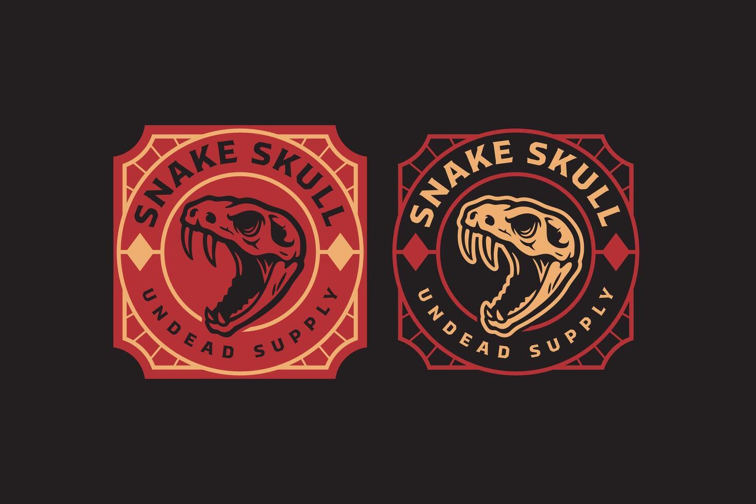 snake skull badge logo set in vintage bold style. reptile skeleton rustic emblem logo. aggressive serpent retro illustration patch for wildlife, adventure, outdoor clubs packaging and merchandise vector
