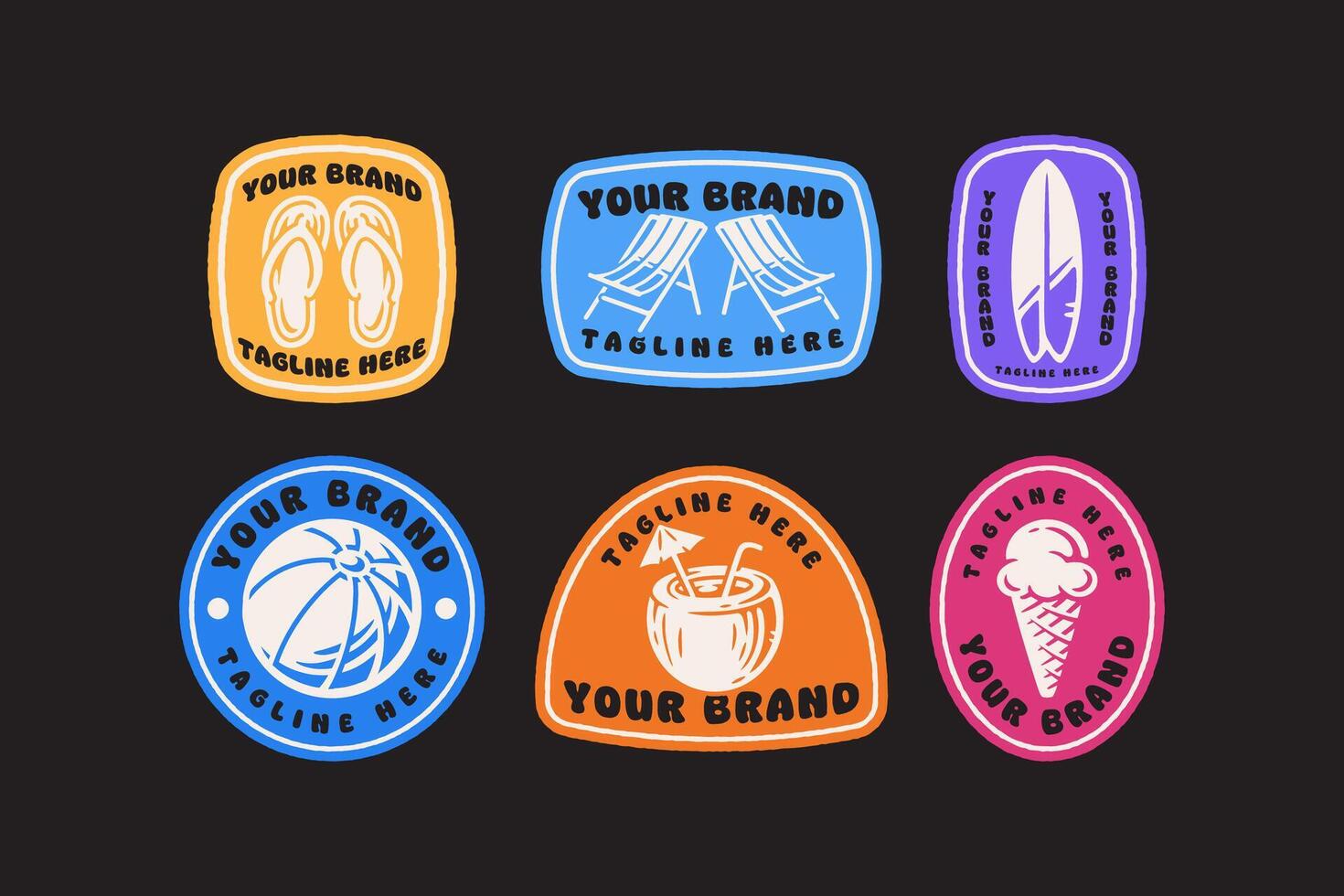 summer items retro badge logo set with slipper, chair, surfboard, ball, coconut, ice cream. beach holiday vintage label patch sticker collection including beach items, drinks, treats vector