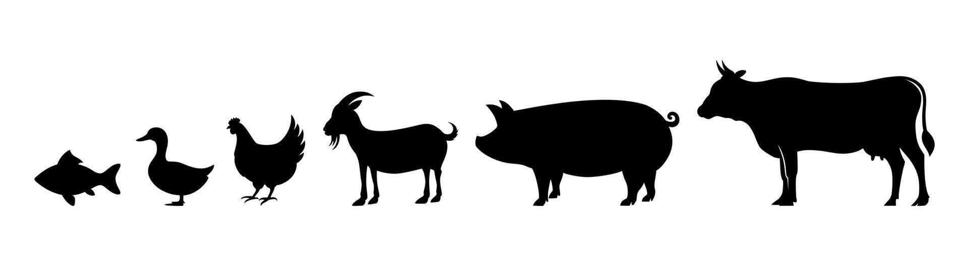 Animal silhouette design. Farm animals include chicken, fish, duck, pig, goat, lamb, and cow icons. vector