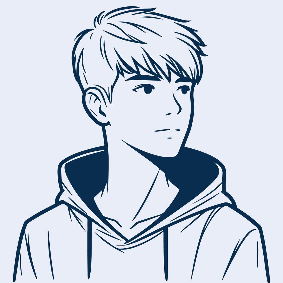 young man headshot in hoodie looking sideways outline portrait vector