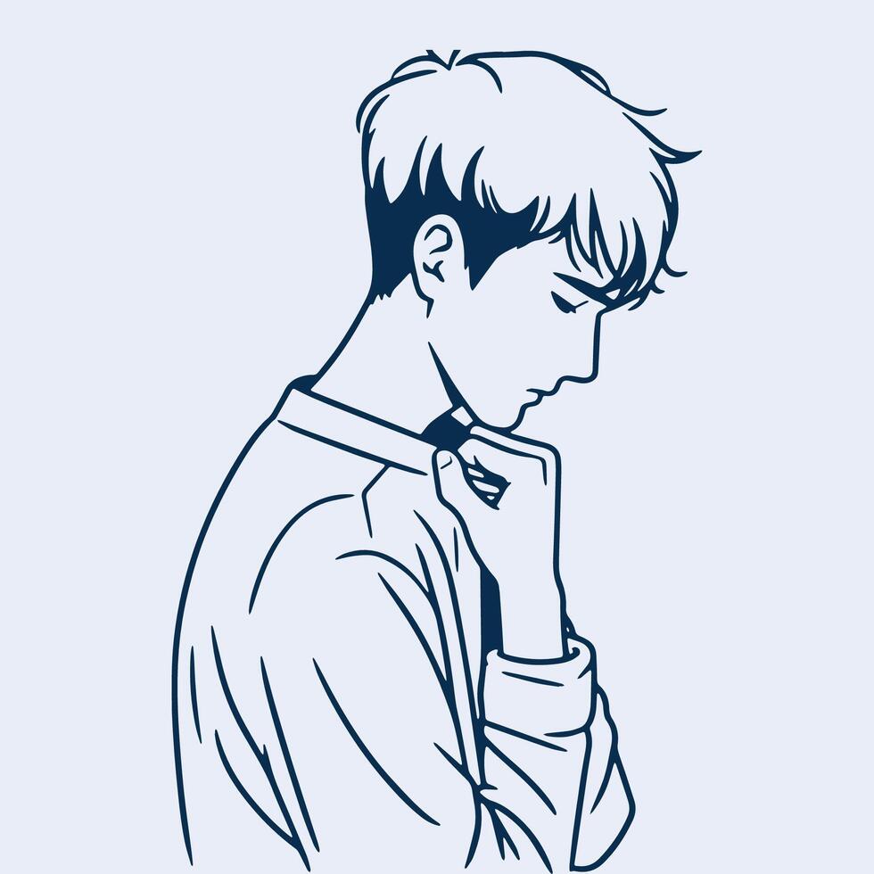 thinking man with hand on chin sketch style outline vector