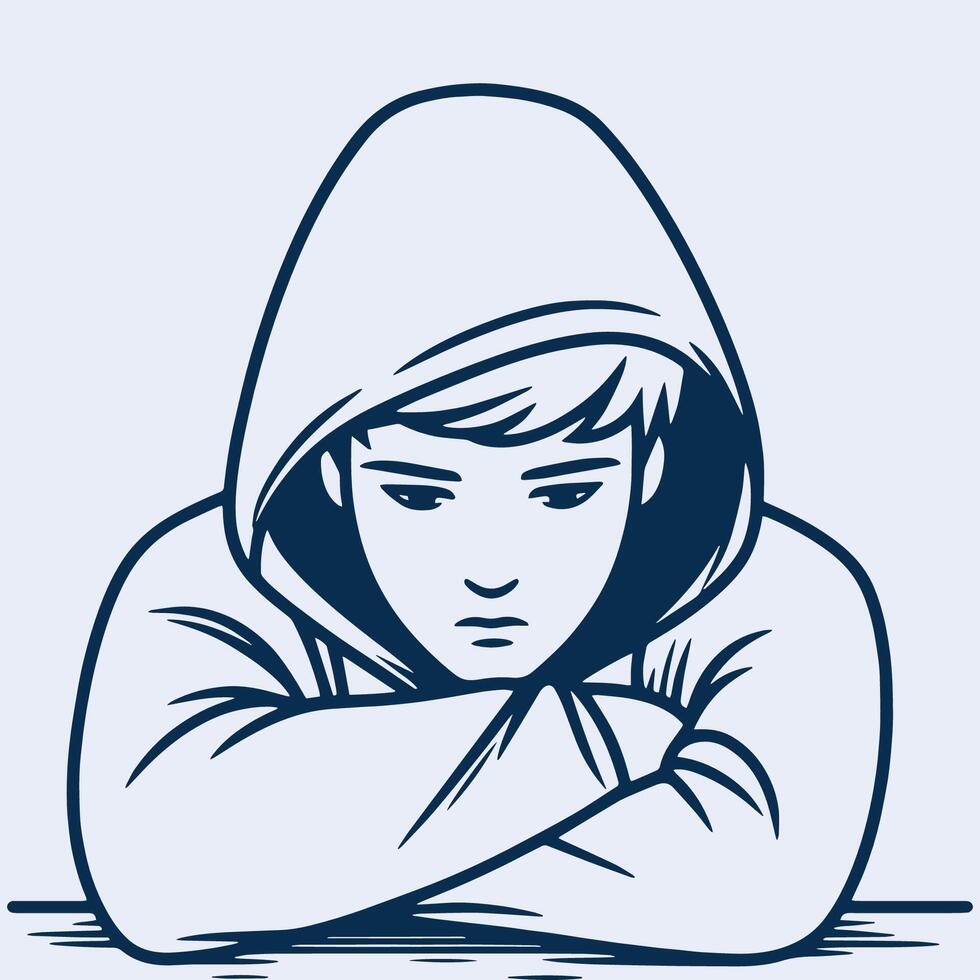 sad boy in hoodie sitting with arms crossed sketch art vector