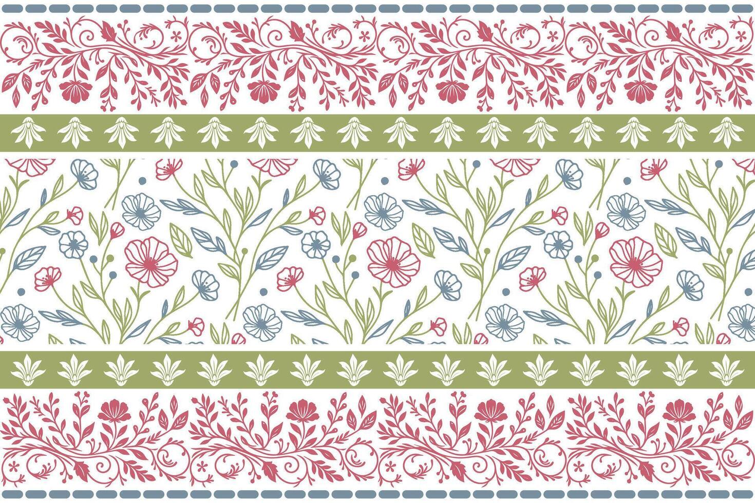 detailed flower illustration in line art paired with geometric border accents created for fashion fabric, packaging paper, and table cloths vector