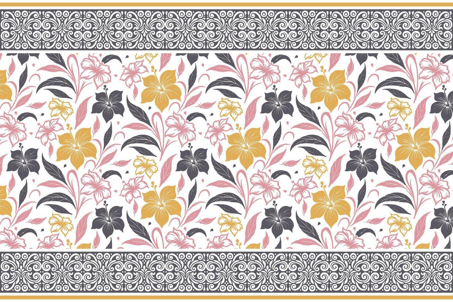 continuous floral drawing with ornamental border details suitable for home fabric design, clothing prints, and wrapping products vector