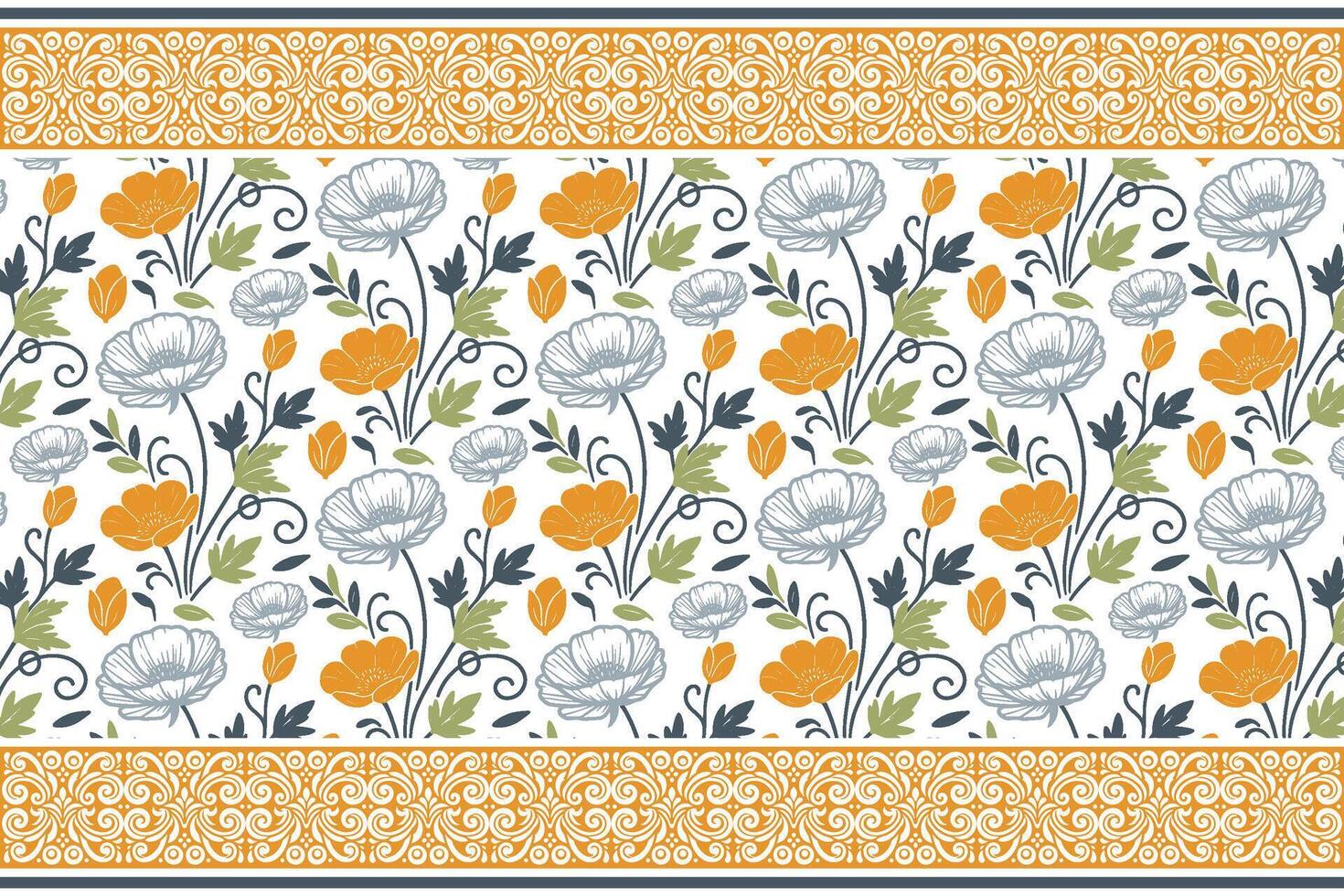 floral sketch in line style paired with linear border composition suitable for women clothing, fabric printing, and household textiles vector