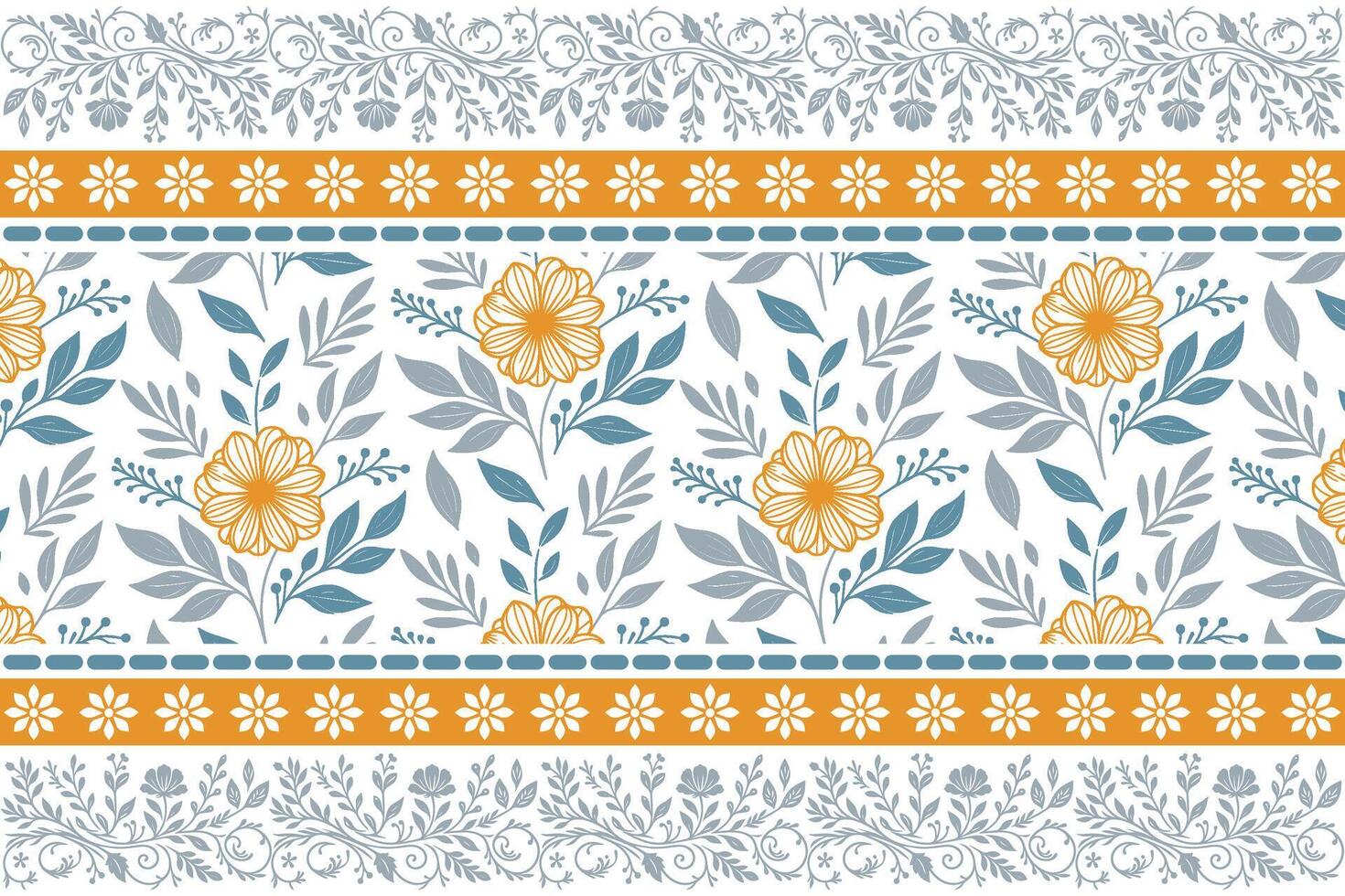 flower and foliage composition with line art detailing and bordered edges created for gift wrap materials, women wear, and bedsheets vector