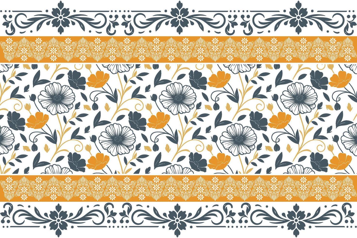 stylized floral drawing in one line style paired with border edges for textile use, packaging applications, and table top accessories vector