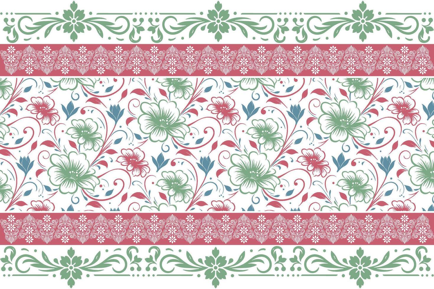 hand sketched floral art combined with linear border accents for fabric design, wrapping production, and soft furnishing use vector