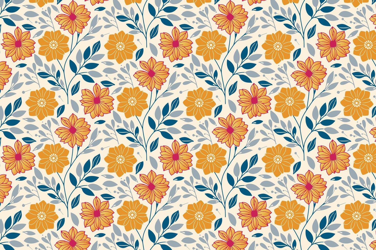 continuous flower pattern with sketchy cotton blossoms and artistic foliage elements for fashion textile and packaging materials vector