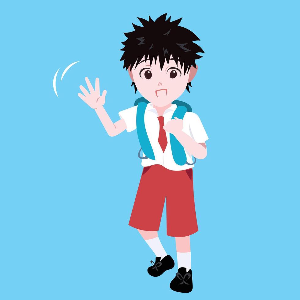 Simple illustration of back to school elementary school student boy with red and white uniform and waving hand pose. vector