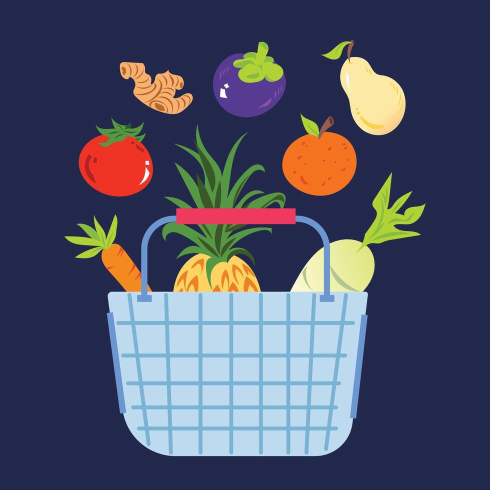 Shopping basket with fruits and vegetables vector