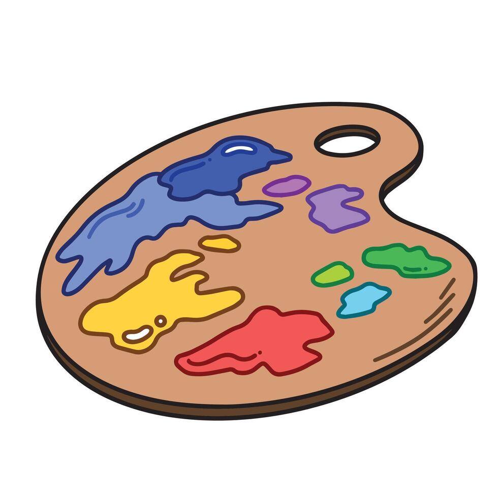 Colorful wooden paint palette outlined illustration isolated on white background. vector