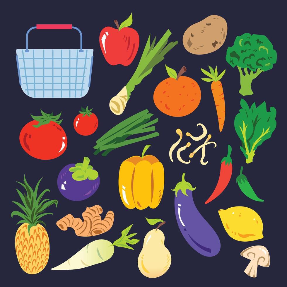 Grocery supermarket basket, fruits, and vegetables simple illustration set collection bundle. Green beans, mung bean sprouts, carrot, ginger, daikon, lemon, and other foods. vector