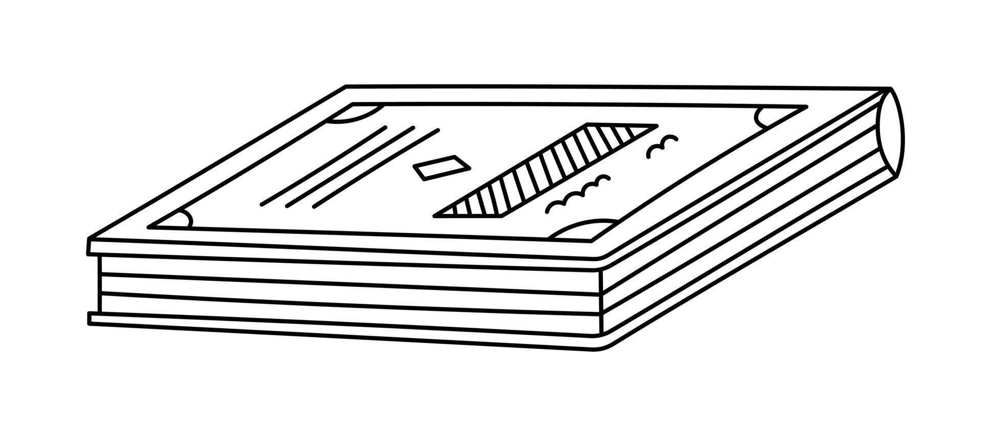 Lovely line doodle lying book, dictionary, encyclopedia or textbook with detailed cover. Cute hand drawn reading, education illustration isolated on white. Children learning, back to school concept. vector