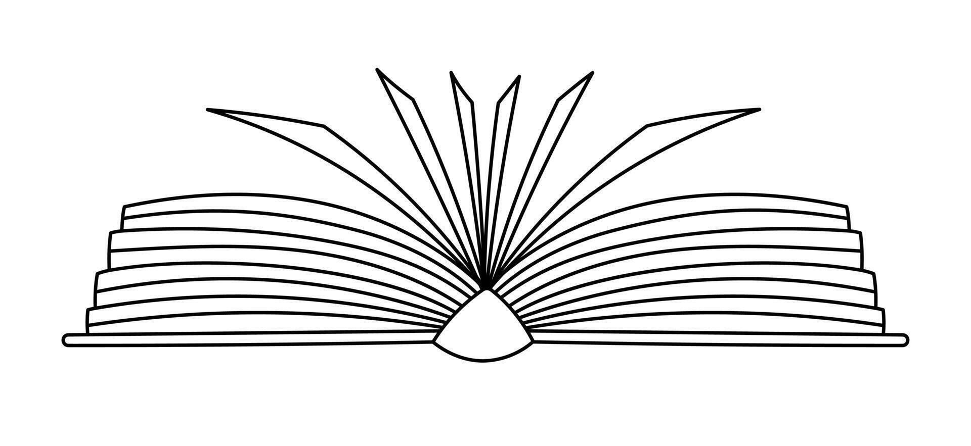 Lovely outline book lying and wide open 180 degrees with pages. Cute hand drawn academic textbook, dictionary, recreational literature. Library, bookstore, reading doodle isolated on background. vector