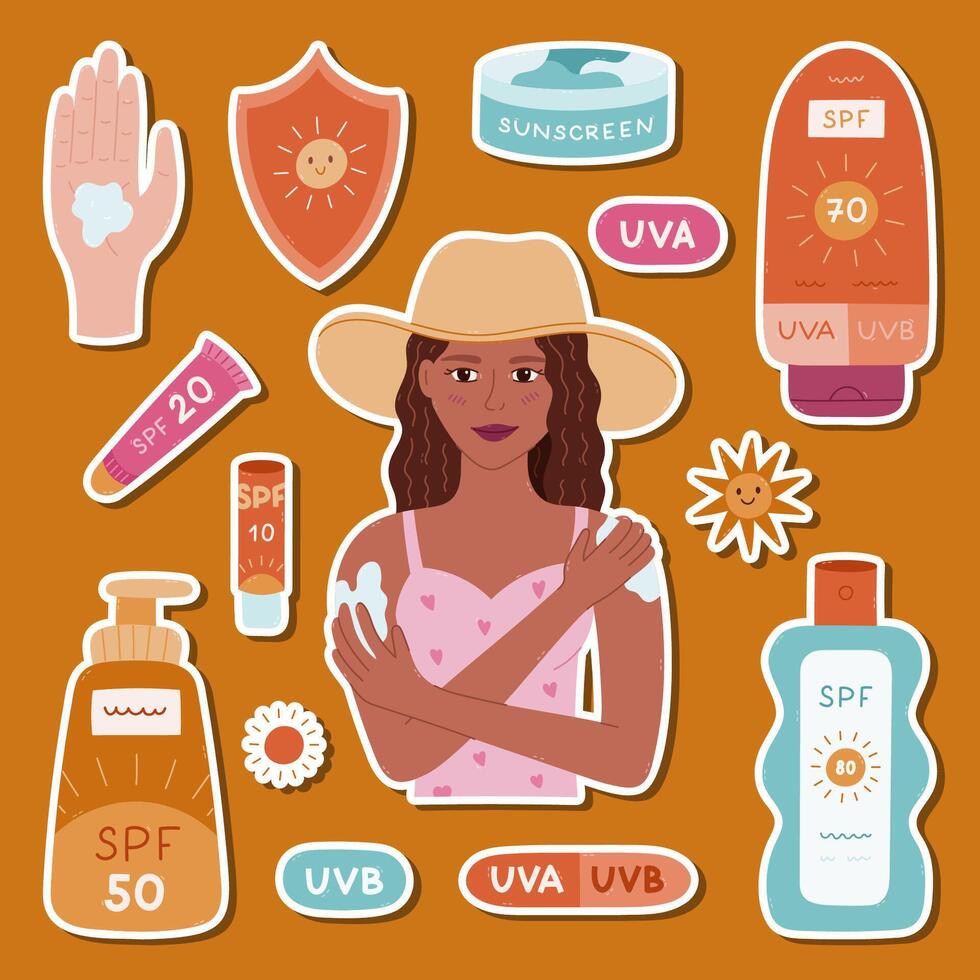 Lovely cartoon sticker set about sun protection for planners, notebook, scrapbook. Ready for print list of hand drawn stickers with young lady applying sunblock, lotion, spray with SPF, lipstick. vector