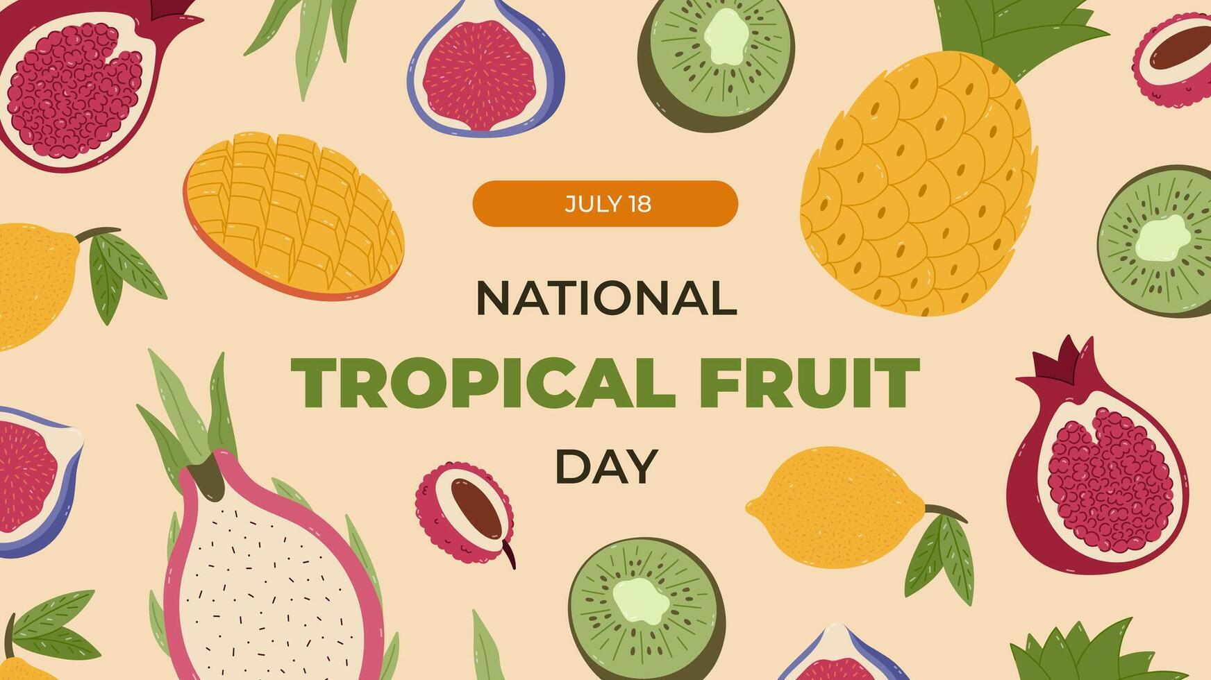 Horizontal vibrant banner for National Tropical Fruit Day with cartoon clipart of juicy fruits from tropics. Colourful holiday poster, website banner, social media post with pomegranate, kiwi, lemon vector