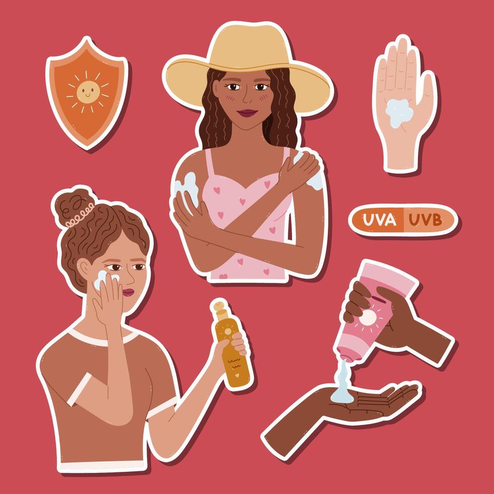 Lovely cartoon sticker set protection from ultraviolet rays for planners, notebooks. Ready for print list of hand drawn stickers clipart with women applying SPF cosmetic, hands squeezing sunscreen. vector