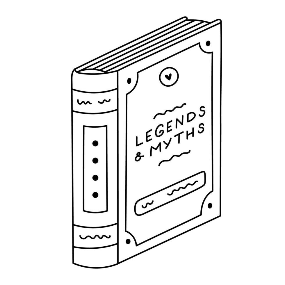 Lovely outline standing book with legends and myths with detailed cover. Hand drawn literature of mythology stories, fairy tales for kids learning, pastime, class. Library and reading doodle. vector