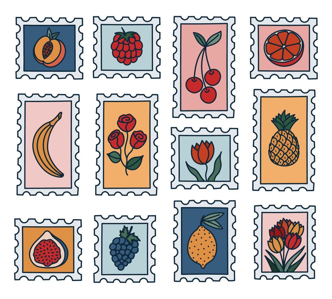 Lovely colourful doodle set of postage stamp with image of summertime tropical fruits and springtime flowers. Retro airmail postmarks. Trendy trip postal labels with rose, peach, grape, pineapple. vector