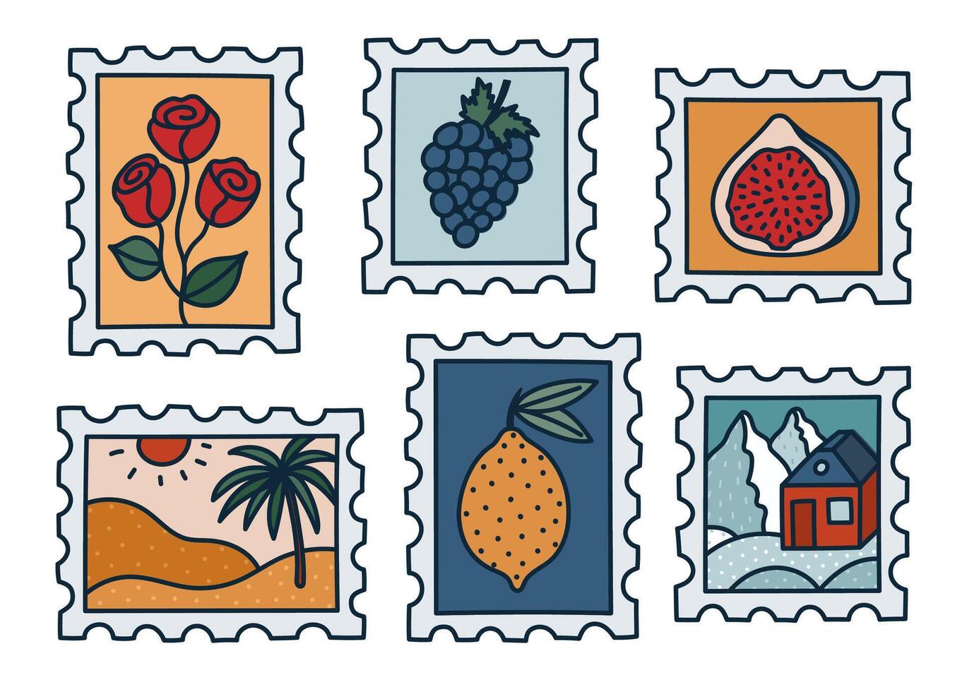 Lovely vivid set of postage stamp with picture of lonely desert with palm, home in wintertime mountains, roses, lemon, grape. Retro colored outline doodle postcard stickers isolated on background. vector