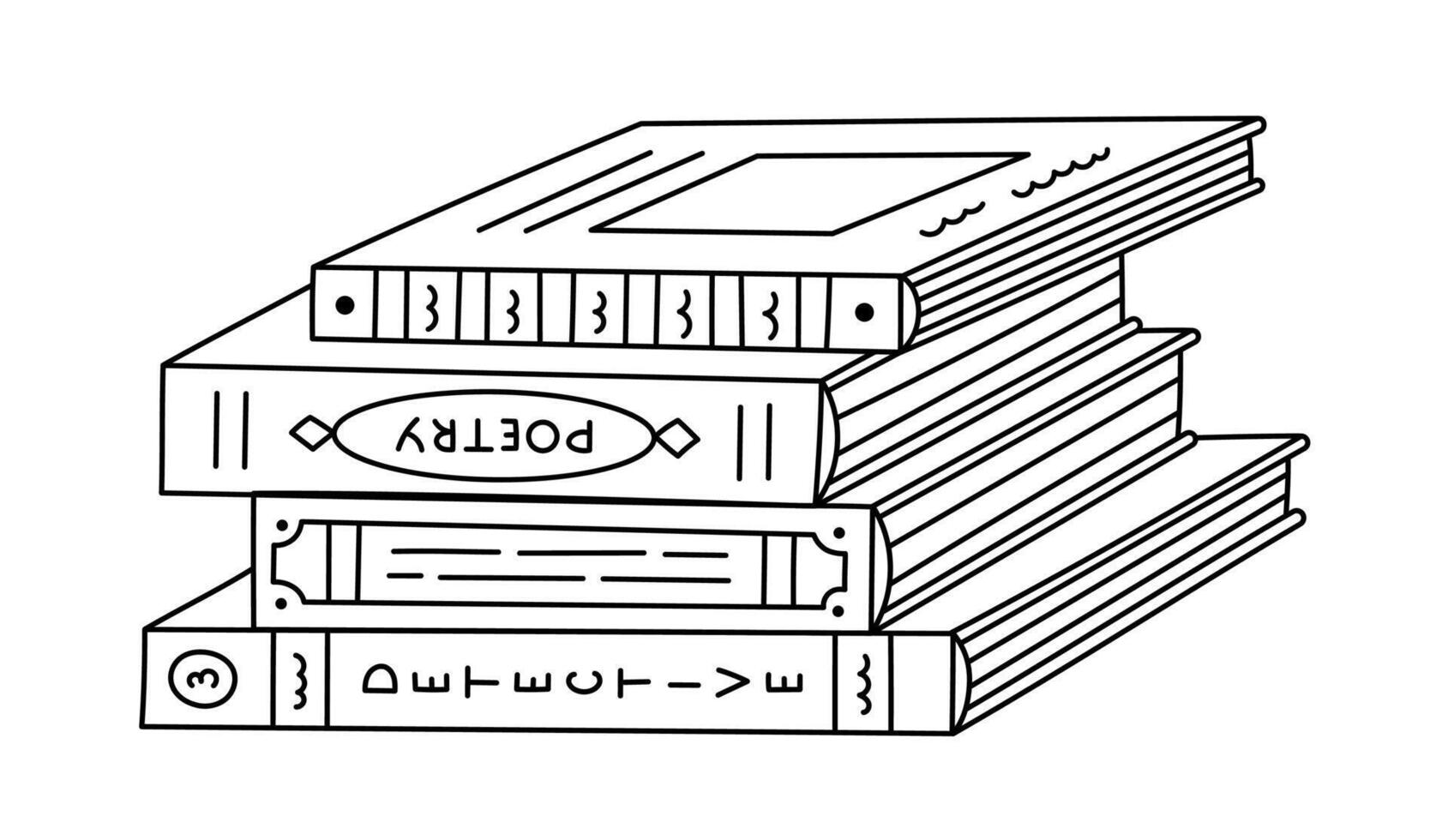 Lovely black and white stack of books lying on surface. Cute pile of different literature, poetry collection, detective series. Colorful library, reading, education doodle isolated on background. vector