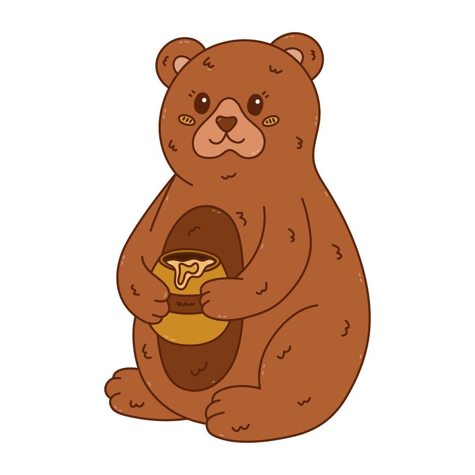 Lovely colourful doodle of sitting bear with honey pot with dripping syrup. Hand drawn wild animal character who love sweets. Cheerful teddy bear outline clipart holding honey jar isolated on white. vector