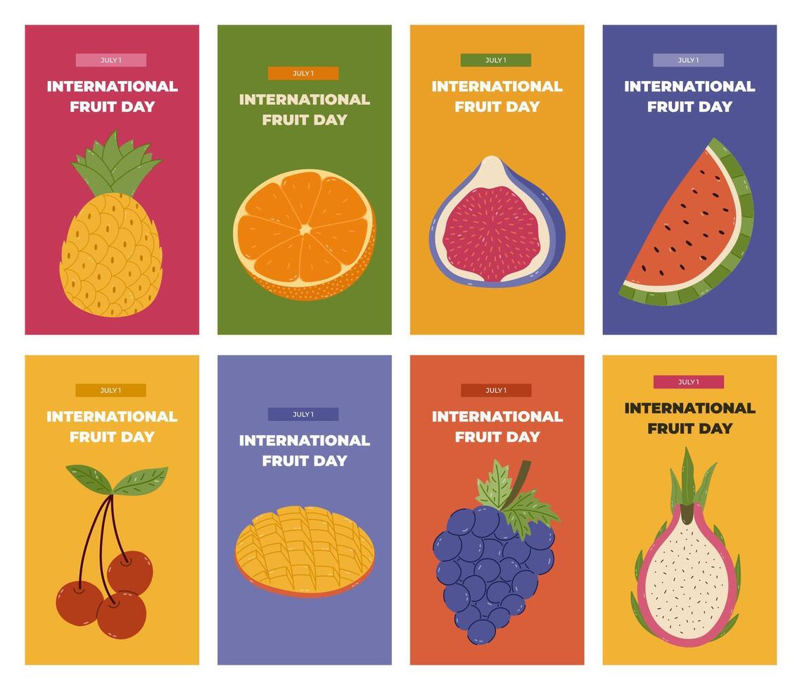 Big vivid set of trendy vertical stories for International Fruit Day with colorful cartoon clipart with grape, orange, pineapple, mango, fig. Greeting concept banner with sweet food for social media vector